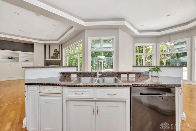 kitchen with dishwasher, a sink, white cabinetry, and a tray ceiling