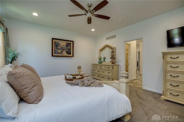 bedroom with recessed lighting, baseboards, visible vents, and carpet