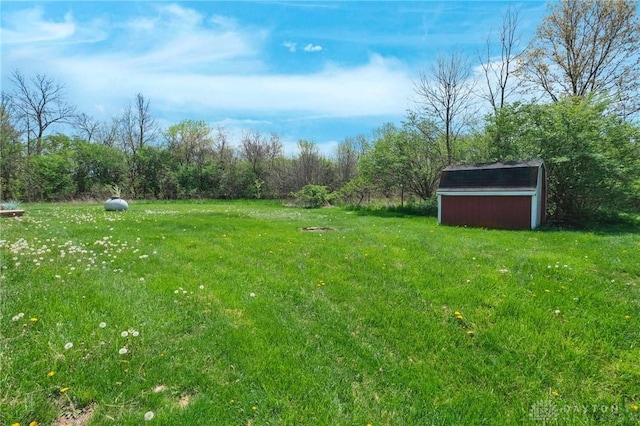 view of yard featuring a storage shed and an outbuilding