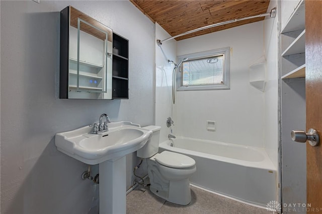 full bathroom featuring toilet, shower / bathtub combination, and wooden ceiling