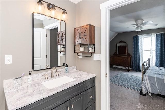 14 Clemens Ave, Jamestown Vlg, OH 45335 - bathroom featuring vanity, a ceiling fan, and vaulted ceiling