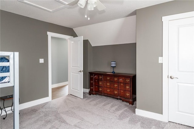 14 Clemens Ave, Jamestown Vlg, OH 45335 - carpeted bedroom featuring ceiling fan, lofted ceiling, and baseboards