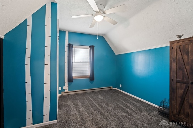 additional living space with carpet, a baseboard radiator, a textured ceiling, ceiling fan, and lofted ceiling