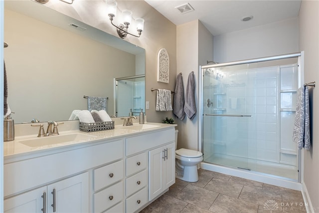 full bath featuring visible vents, toilet, a shower stall, and a sink