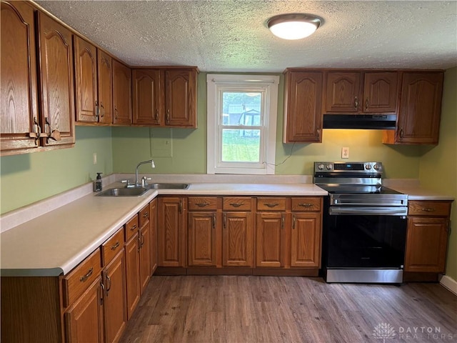 125 High St, New Paris, OH 45347 - kitchen with electric range, under cabinet range hood, wood finished floors, a textured ceiling, and a sink