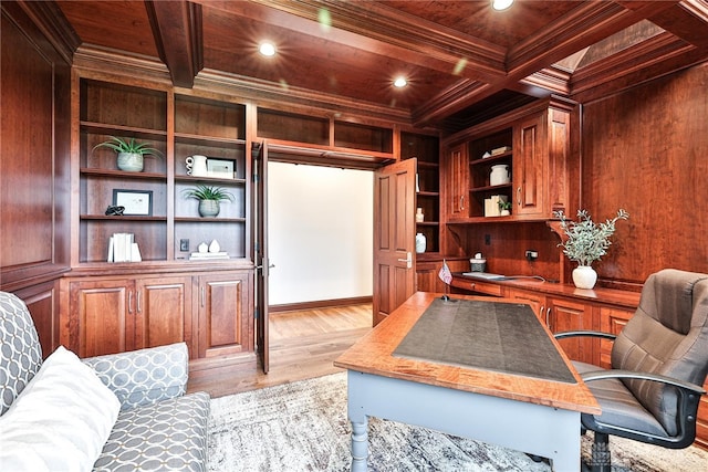7177 Paul Ln, Liberty Twp, OH 45044 - home office featuring wooden ceiling, recessed lighting, coffered ceiling, light wood finished floors, and crown molding