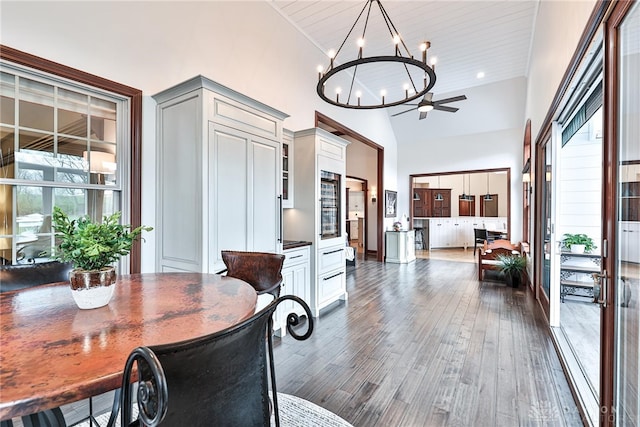 7177 Paul Ln, Liberty Twp, OH 45044 - dining room with a chandelier, dark wood-style floors, wooden ceiling, recessed lighting, and high vaulted ceiling