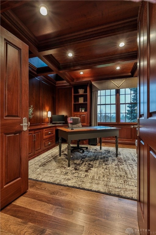 7177 Paul Ln, Liberty Twp, OH 45044 - office area with wooden ceiling, wood finished floors, recessed lighting, beam ceiling, and crown molding