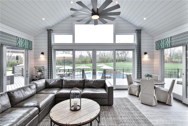 7177 Paul Ln, Liberty Twp, OH 45044 - living room featuring a healthy amount of sunlight, french doors, a ceiling fan, and light wood-style flooring