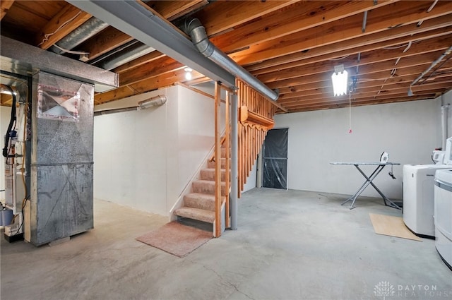 401 Kenec Dr, Middletown, OH 45042 - unfinished basement featuring stairway, heating unit, and washing machine and clothes dryer