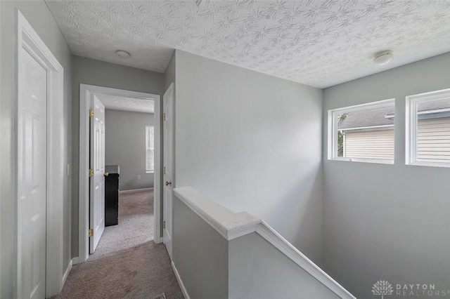 hallway featuring an upstairs landing, carpet flooring, a wealth of natural light, and a textured ceiling