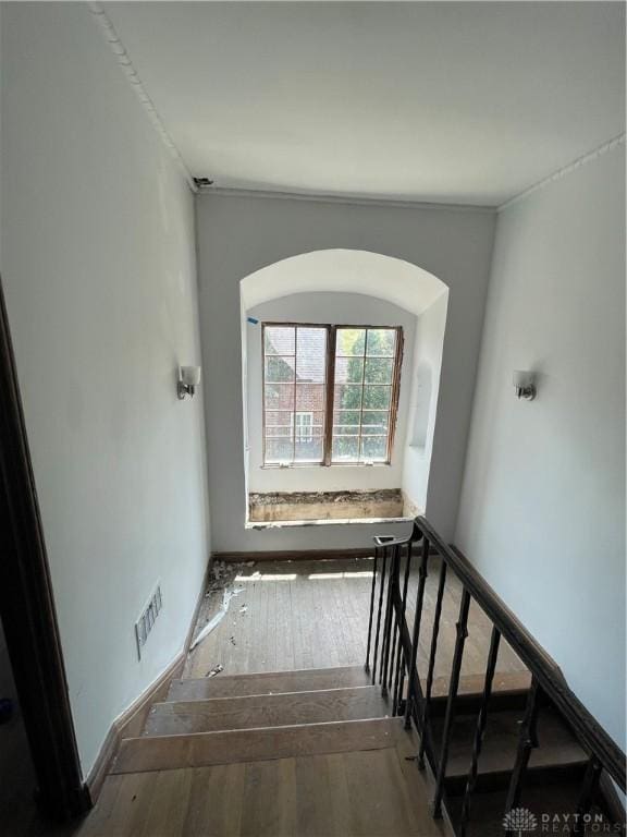 staircase featuring hardwood / wood-style floors and baseboards