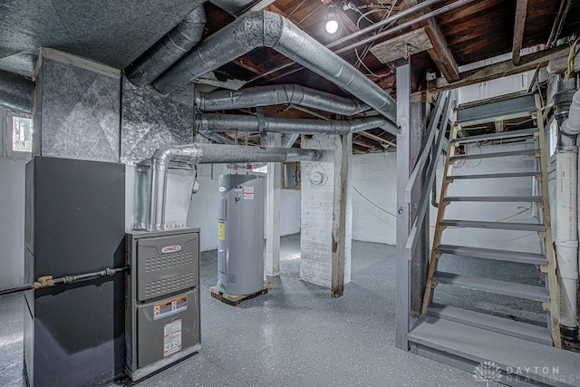 unfinished basement with water heater, heating unit, and stairway