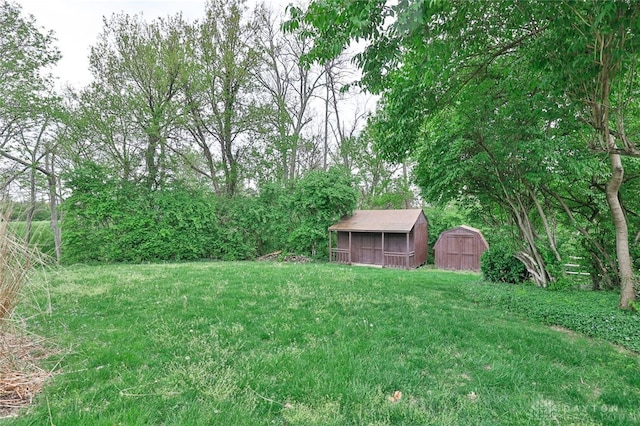 view of yard featuring a storage shed and an outdoor structure