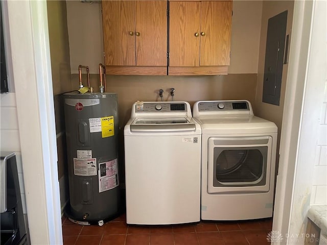 928 Shady Ln, Beavercreek, OH 45434 - laundry area featuring electric water heater, washer and clothes dryer, dark tile patterned flooring, and electric panel