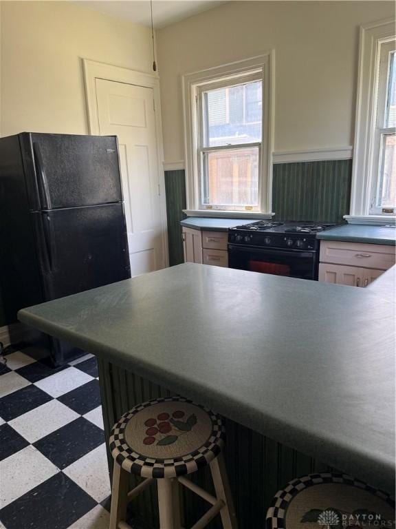 kitchen featuring black appliances, a wainscoted wall, and tile patterned floors