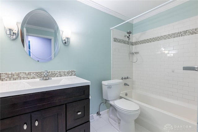 full bathroom featuring tile patterned flooring, ornamental molding, decorative backsplash, and toilet