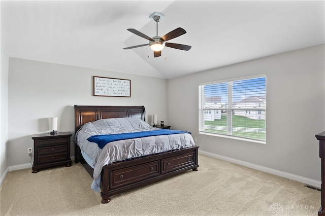 1621 Stonebury Ct, Xenia, OH 45385 - bedroom featuring light colored carpet, baseboards, lofted ceiling, and a ceiling fan