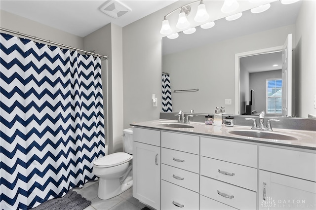 1621 Stonebury Ct, Xenia, OH 45385 - bathroom with tile patterned flooring, toilet, double vanity, and a shower with shower curtain