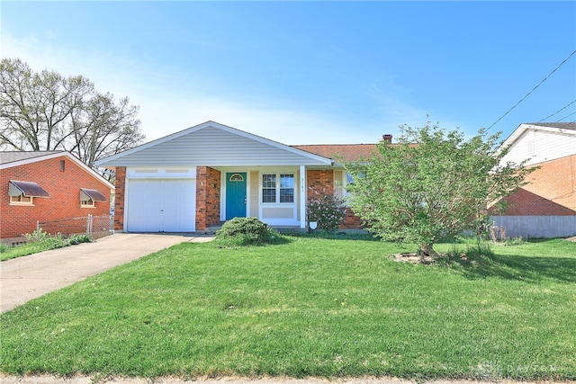 ranch-style home featuring driveway, a front yard, brick siding, fence, and an attached garage