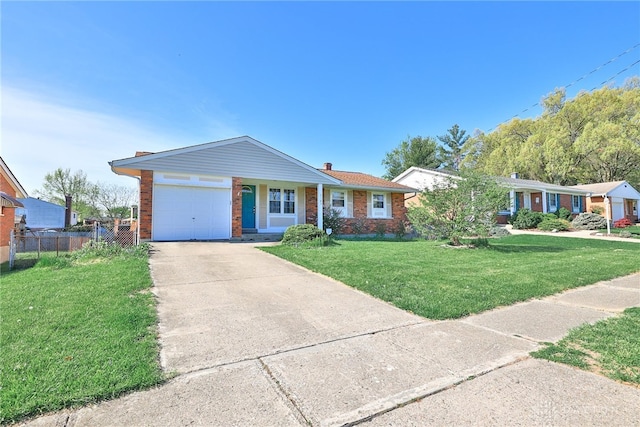 ranch-style house featuring fence, a front lawn, brick siding, a garage, and concrete driveway