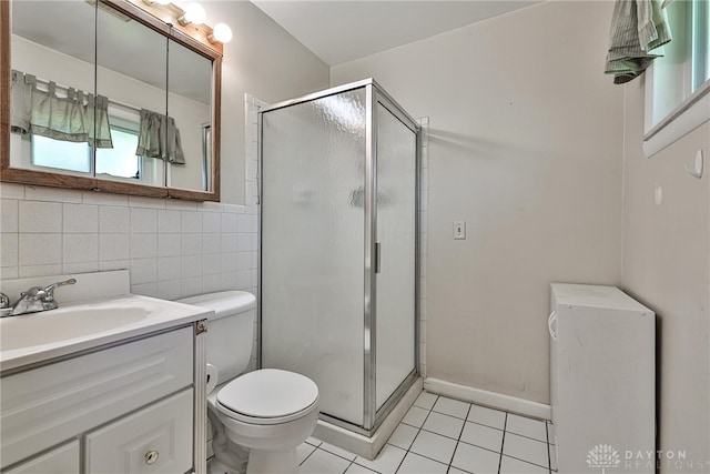 full bath with tile patterned flooring, a stall shower, toilet, and tile walls