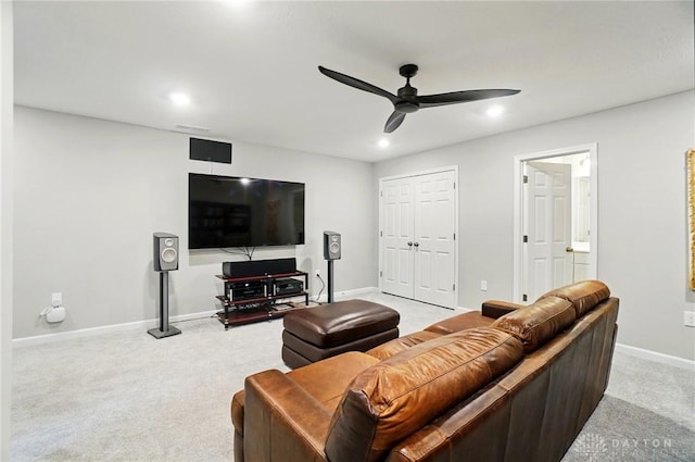 living area with baseboards, ceiling fan, carpet, and recessed lighting