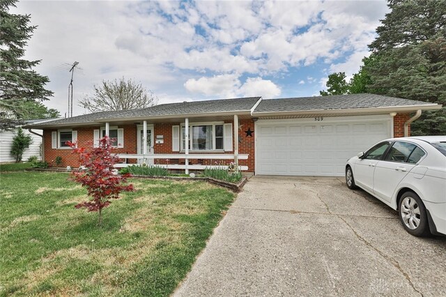 ranch-style house with covered porch, an attached garage, concrete driveway, and brick siding