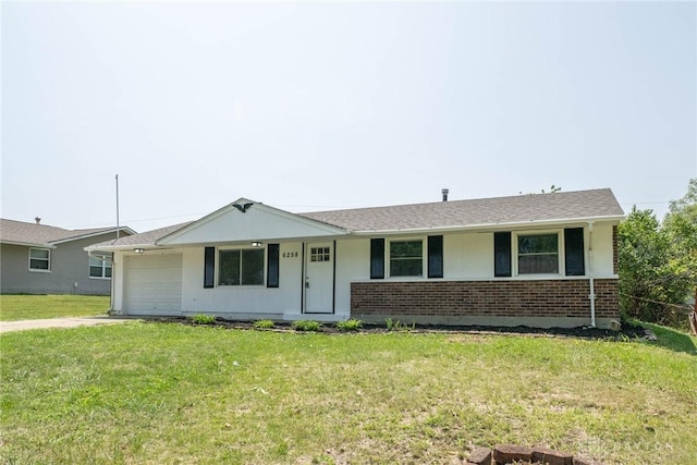 single story home with covered porch, driveway, a front yard, a garage, and brick siding