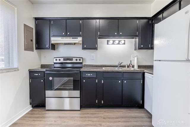 5675 E Coach Dr Unit B, Kettering, OH 45440 - kitchen featuring white appliances, under cabinet range hood, dark countertops, a sink, and electric panel
