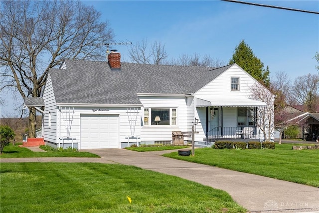 view of front facade with a porch, a garage, a chimney, and a shingled roof