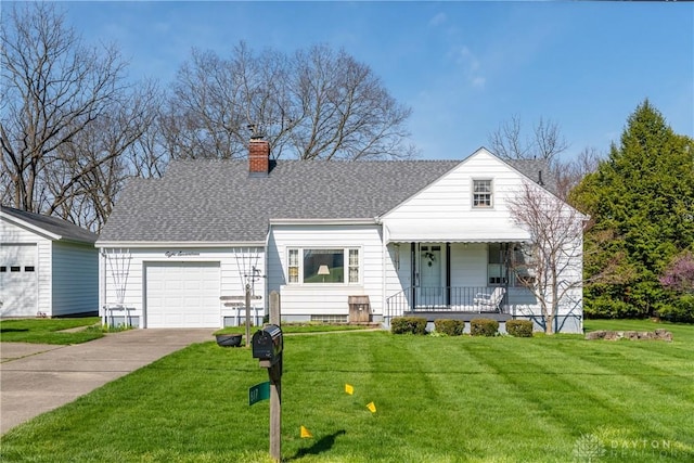 view of front of property with a shingled roof, a chimney, a porch, and a front lawn