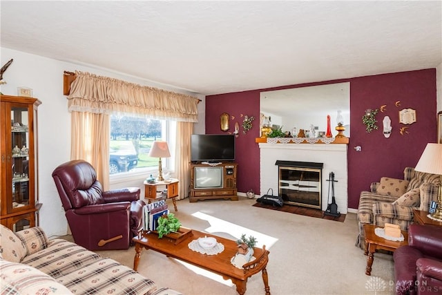 carpeted living area featuring a fireplace with flush hearth