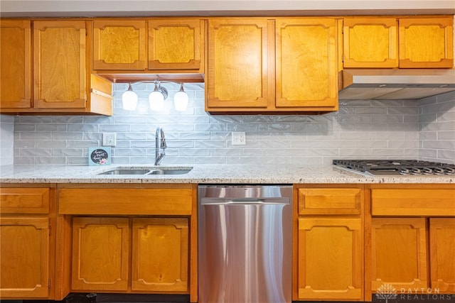 4600 Wing View Ln, Kettering, OH 45429 - kitchen featuring stainless steel appliances, a sink, decorative backsplash, light stone countertops, and brown cabinets