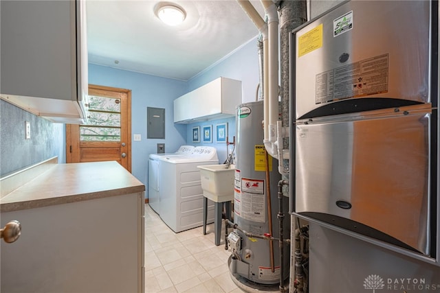 4600 Wing View Ln, Kettering, OH 45429 - laundry room with washing machine and dryer, water heater, electric panel, heating unit, and cabinet space