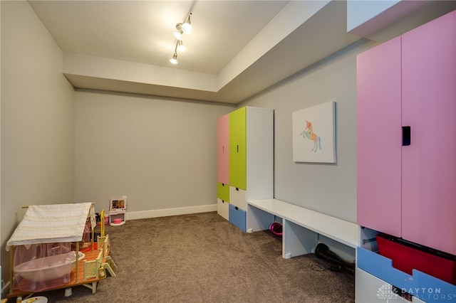 playroom with baseboards, track lighting, and carpet