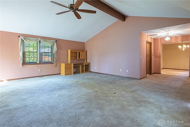 unfurnished living room with carpet floors, vaulted ceiling with beams, baseboards, and ceiling fan with notable chandelier