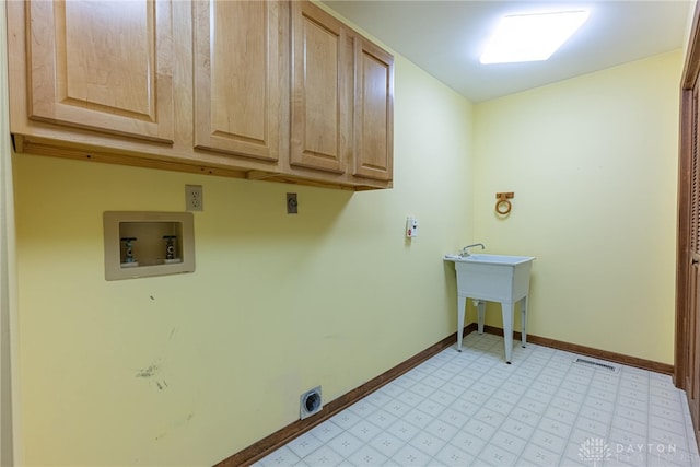 clothes washing area with hookup for an electric dryer, visible vents, cabinet space, hookup for a washing machine, and light floors