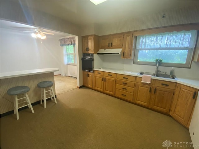 kitchen with light colored carpet, a sink, light countertops, ventilation hood, and oven