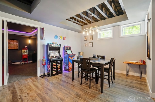 dining room featuring baseboards, wood finished floors, and a tray ceiling