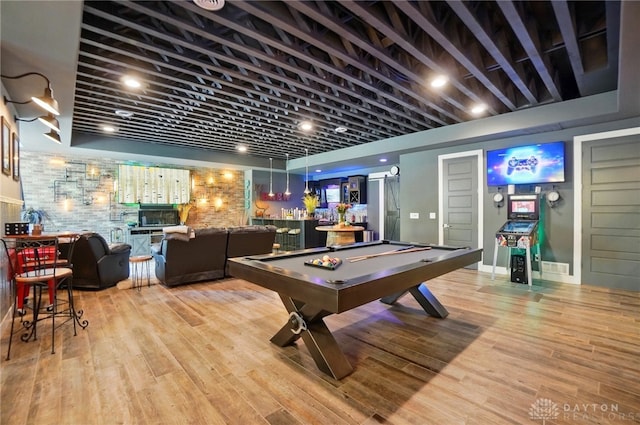 rec room featuring billiards and light wood-type flooring