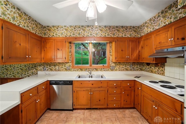 kitchen featuring white electric cooktop, stainless steel dishwasher, brown cabinets, a sink, and under cabinet range hood