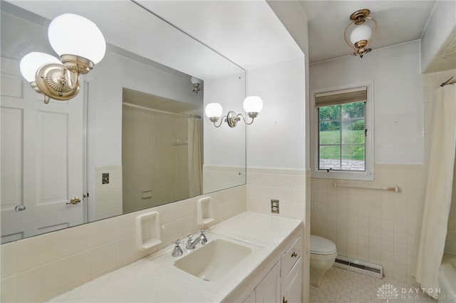 bathroom with tile walls, tile patterned flooring, baseboard heating, curtained shower, and toilet