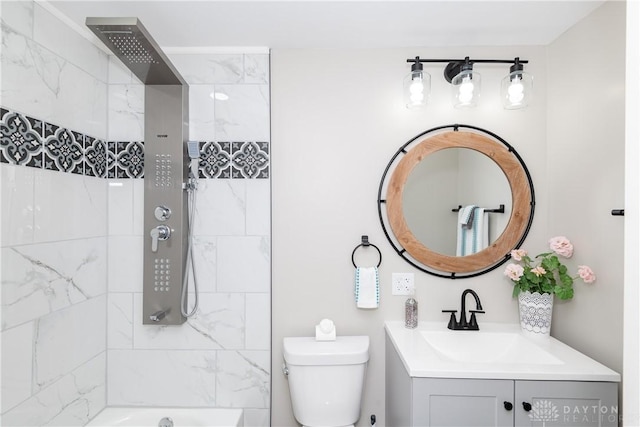 bathroom featuring vanity, toilet, and shower / washtub combination