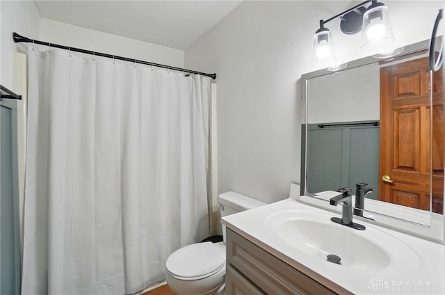 full bathroom featuring vanity, toilet, and a shower with shower curtain
