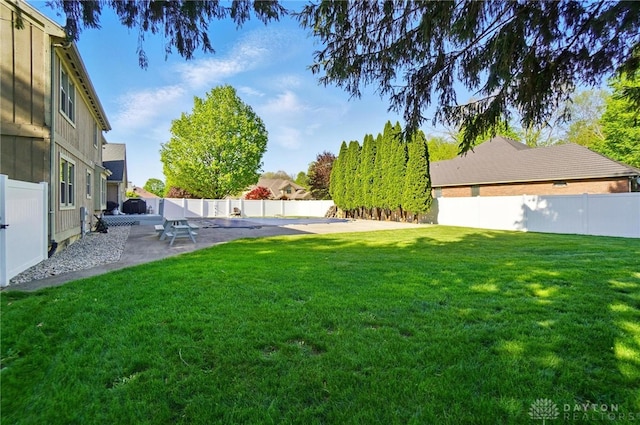 view of yard featuring a fenced backyard and a patio area