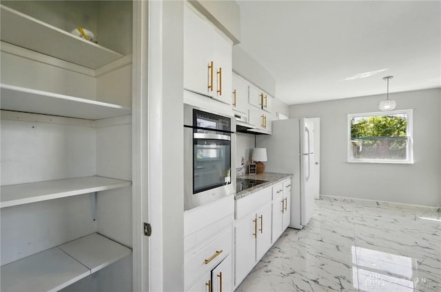 38 Homeview Dr, Harrison Twp, OH 45415 - kitchen with freestanding refrigerator, marble finish floor, oven, white cabinets, and hanging light fixtures