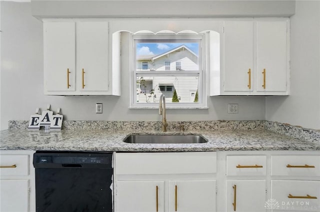 38 Homeview Dr, Harrison Twp, OH 45415 - kitchen featuring a sink, light stone counters, white cabinetry, and dishwasher
