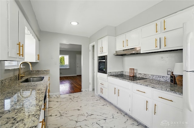 38 Homeview Dr, Harrison Twp, OH 45415 - kitchen featuring a sink, black electric cooktop, stainless steel oven, marble finish floor, and under cabinet range hood