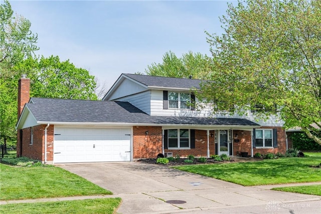 traditional-style house featuring an attached garage, a front lawn, brick siding, a chimney, and driveway